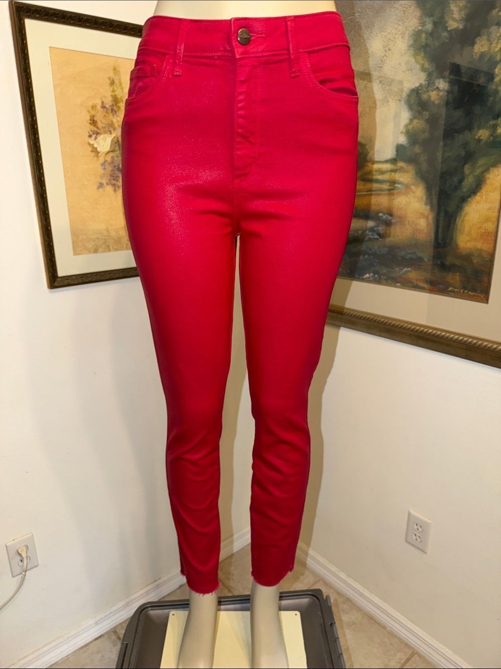 Sam Edelman “The Stiletto” High-Rise Ankle Coated Red Jeans w/Raw Hem Size 30